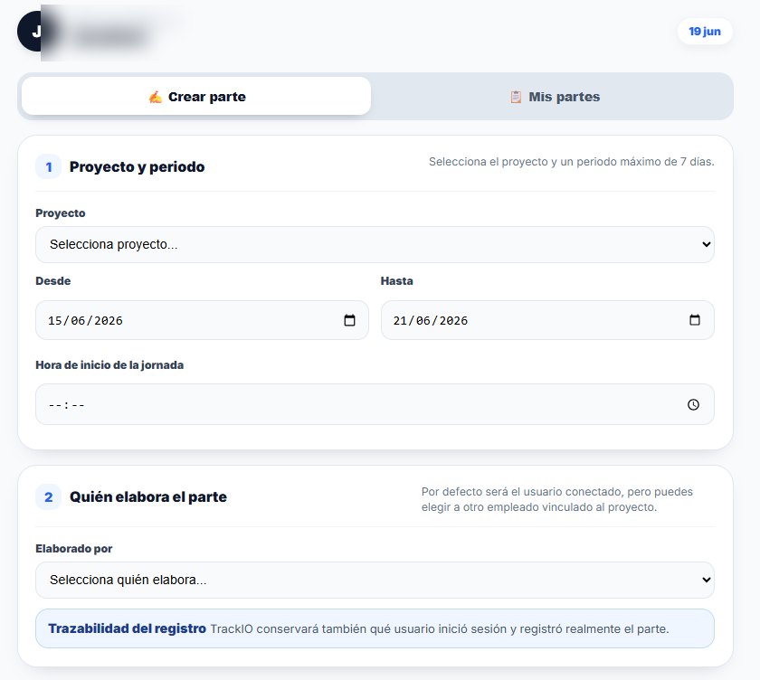 Formulario de creación de un parte de trabajo en TrackIO 24.