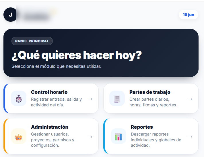 Pantalla principal de TrackIO 24 con acceso a control horario, partes, administración y reportes.